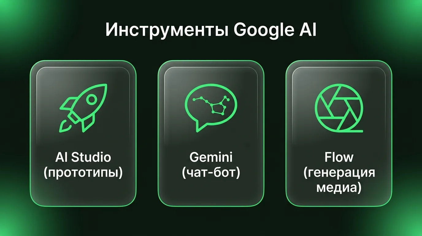 Сравнение основных AI-инструментов Google: AI Studio для создания прототипов и API, Gemini для повседневных задач и Flow для генерации медиа.