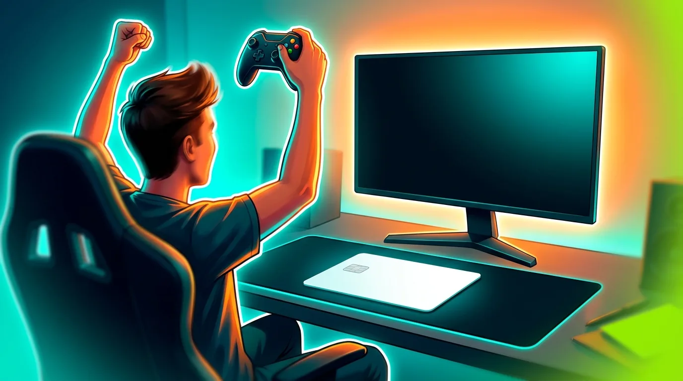 Игрок празднует успешную покупку игры за игровым компьютером
