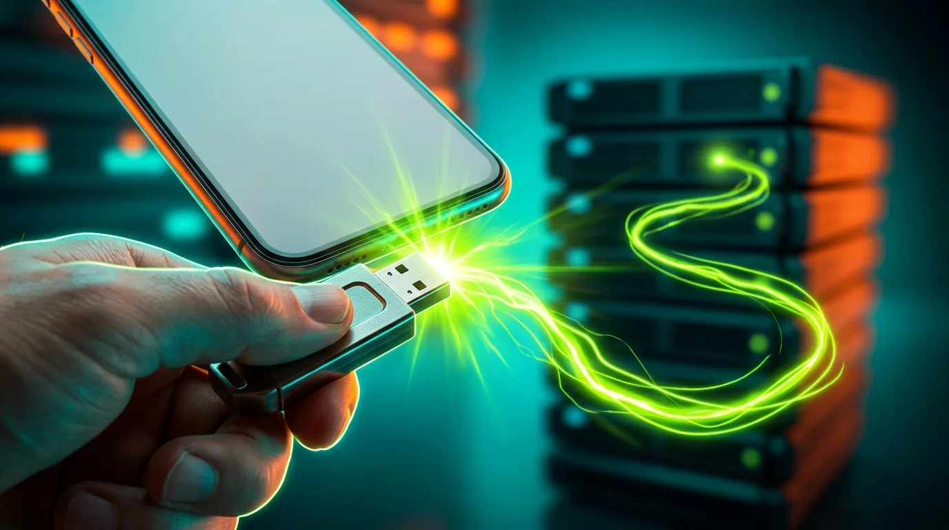 Макросъемка подключения аппаратного ключа YubiKey к смартфону со вспышкой яркого света.