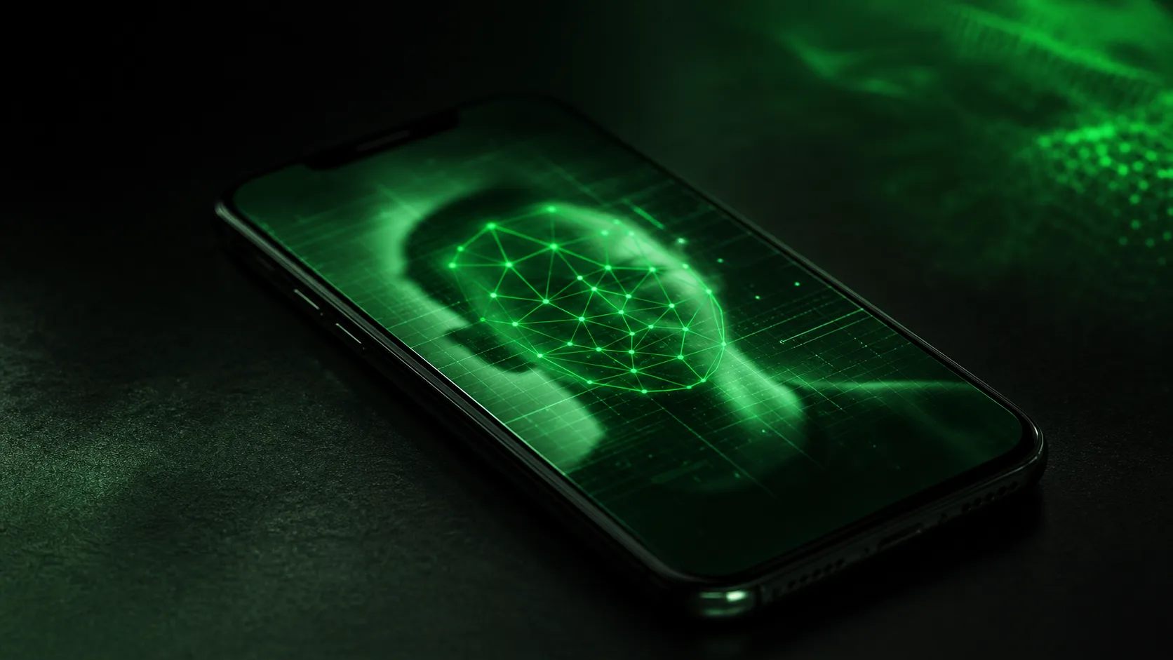 Смартфон с размытой фотографией на экране, перекрытой зеленой цифровой сеткой сканирования данных ИИ.