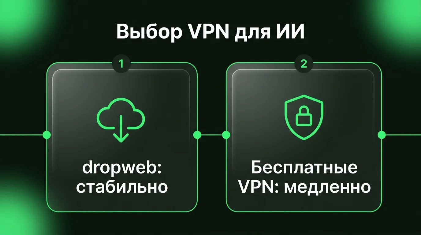 Сравнение dropweb и бесплатных VPN-сервисов для работы с нейросетями: dropweb обеспечивает высокую скорость и стабильность, тогда как бесплатные аналоги часто перегружены и небезопасны.