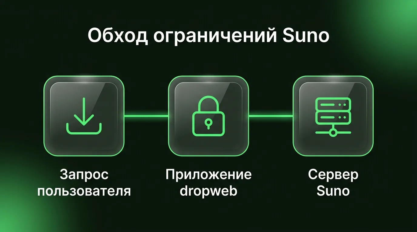 Схема безопасного прохождения трафика от пользователя через приложение dropweb к серверам Suno для обхода региональных ограничений.