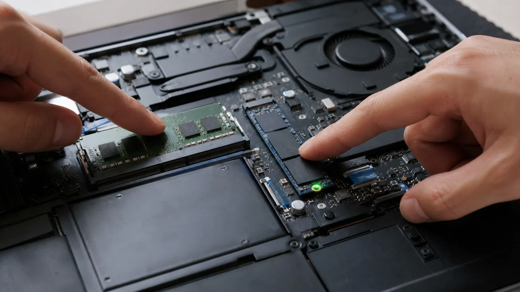 Крупный план открытого ноутбука с видимыми чипами памяти и NVMe SSD.