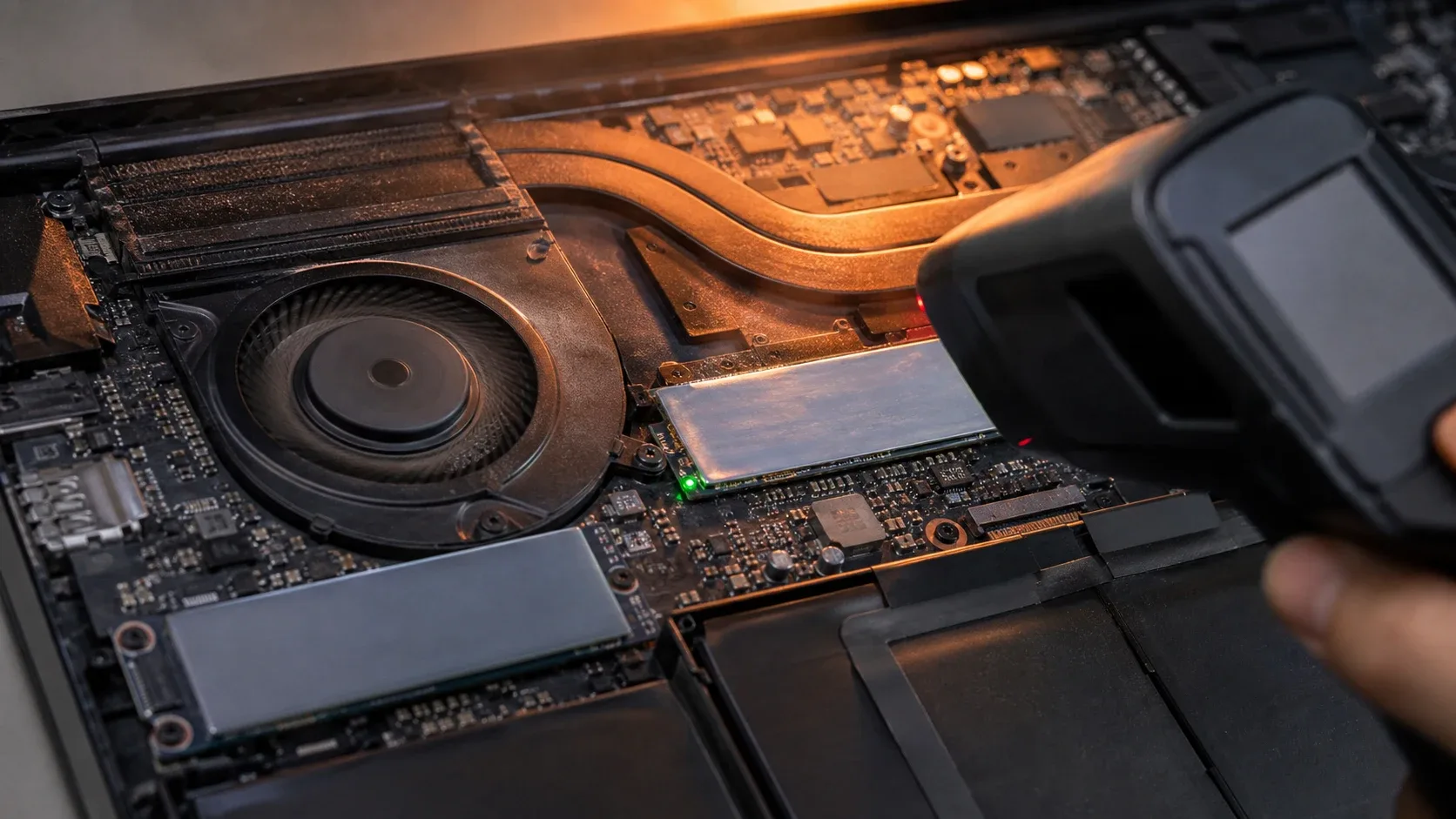 Кулер ноутбука работает рядом с нагретой зоной NVMe SSD, на неё направлен термометр без видимых показаний.